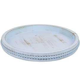 Lnofemin Round Wood Serving Tray with Beads, Blue Washed Wooden Decorative Tray for Entertaining, Decoration, and Gifting