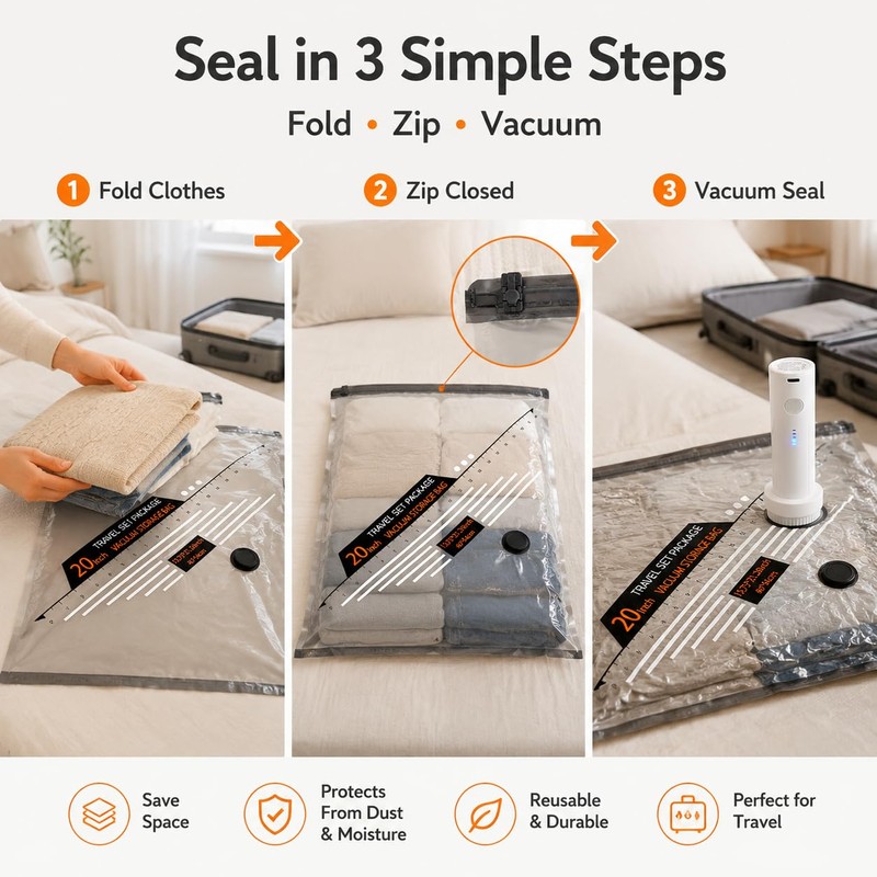 Travel Vacuum Bags with Rechargeable Electric Pump, Storage Bags（15 Pack）