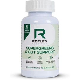 Reflex Nutition Supergreens & Gut Support - 33 Active Ingredients - Prebiotics, Probiotics, Vitamins & Minerals - Immune Support, Reduce Fatigue & Bloating - Vegan Gut Health Supplement (90 Capsules)