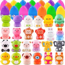 24pcs Prefilled Easter Eggs with Animal Squishy Toys, Easter Basket Stuffers Egg Hunt Egg Fillers Squeeze Toys for Boys Girls Easter Party Favors for Kids Classroom Prize