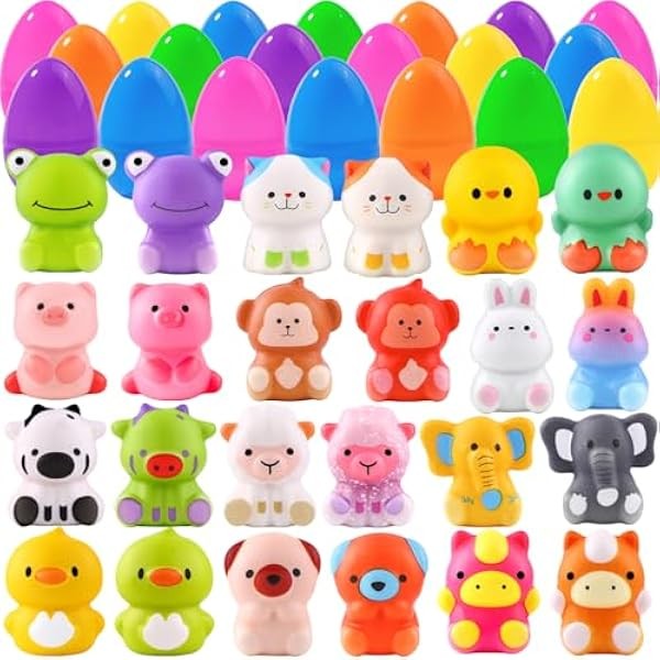 24pcs Prefilled Easter Eggs with Animal Squishy Toys, Easter Basket