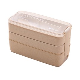 Bento Box Lunch Box 3-in-1 Compartment Containers Leakproof Stackable Bento Lunch Box with Utensils (Beige)