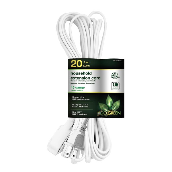 GoGreen Power (GG-24720) 16/2 20’ Household Extension Cord, 3 Outlets, White, 20 Ft