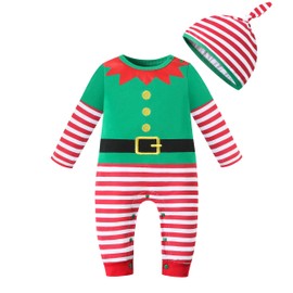 LIKPOJA Newborn Baby First Christmas Elf Outfit One-Pieces Baby Christmas Santa Romper with Hat for Toddler Baby Girls and Baby Boys(Green Elf Romper P,3-6 Months)