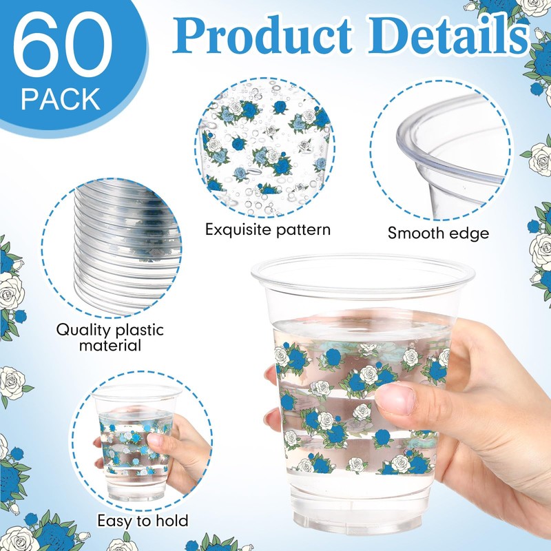 Funnymoom 60 Pack Blue Floral Plastic Cup 12 oz Wedding