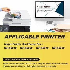 v4ink Remanufactured T902XL Ink Pack Replacement for Epson 902XL T902XL (4-Pack, K/C/M/Y) Work with Epson Workforce Pro WF-C5210, WF-C5290, WF-C5710, WF-C5790 Printers