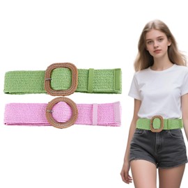 Eterspr 2 Pieces Straw Belt for Women, Braided Straw Belt for Straw Elastic Waist Braided Straw Belt for Women Dress Jeans Sweater 2 Styles (Pink, Green), Green, Pink, 100*4.5cm / 39.37*1.77in