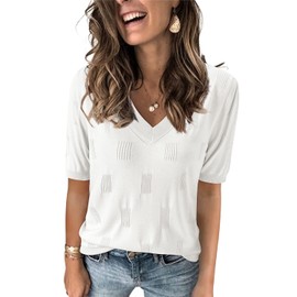 Arach&Cloz Women's Summer Fall Tops 2025 Short Sleeve Plus Size Lightweight Sweaters V Neck Trendy Fashion Knit Clothes Clothing Dressy Cute Casual Outfits Business Work Blouse Basic Tee Off White L