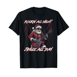 Rock and Roll Guitar Santa Christmas Rockin All Night T-Shirt, black