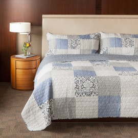 SLPR Sweet Dreams 3-Piece Patchwork Cotton Bedding Quilt Set - King with 2 Shams | Blue Country Quilted Bedspread