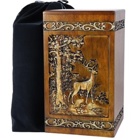Wooden Cremation Urn for Human Wood Ashes Decorative Box Funeral Urns for Adult Male Female with Velvet Bag Burial or Memorial Keepsake (Deer(XL) 250lbs)