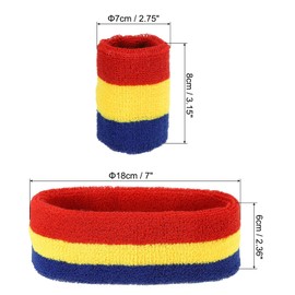 PATIKIL Sports Wristband and Headband Set 7x8cm Cotton Terry Cotton Sweat Band and 18x6cm Headband for Tennis Basketball Running Red Yellow Blue (1 Headband, 2 Wristbands)