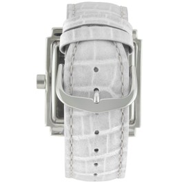 Peugeot Women's Large Square Silver-Tone White Leather Strap Watch