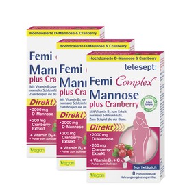 tetesept Femi Complex Mannose Plus Cranberry - To Maintain Normal Mucous membranes Thanks to Vitamin B3 - Powder with 2000 mg D Mannose - 3 x 8 Portion Bags