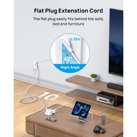 TROND Flat Extension Cord 10ft - Ultra Thin Flat Plug Power Strip with 5 Widely-Spaced AC Outlets, 2 USB A and 1 USB C, 1440J Surge Protector, 3-Sided Wall Mount for Home Office Dorm Room, White