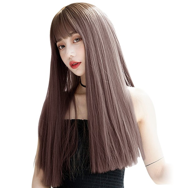 ARZER Wig, Women's Long Straight Wig, Black, Full Wig, Loose and Fluffy, Everyday Use, Crossdressing, Natural, Heat Resistant, Popular, Fashion, Patty Bangs, Small Facial Effect, Net Included (Pink*Brown) Free Size