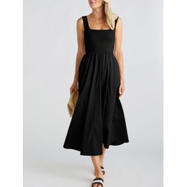 Mieazom Women's Maxi Dress Summer Sleeveless Swing Sundress Casual Loose Tank Long Dresses with Pockets Black L