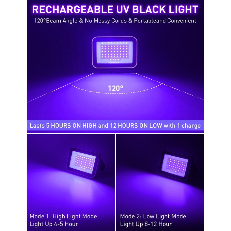 CREPOW Rechargeable LED Black Light, Battery Powered Portable Blacklight, 400nm
