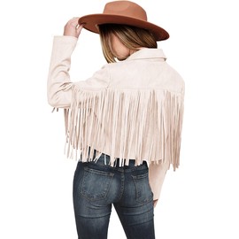 PRETTYGARDEN Faux Suede Leather Jackets For Women 2025 Fall Long Sleeve Tassel Cropped Coats (Beige White,Small)