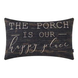 TRENDIN Farmhouse Porch Oblong Pillow Cover 20x12 inch Vintage Black Word The Porch is Our Happy Place Throw Pillow Cover for Couch Sofa PL565TR