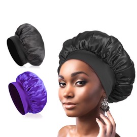 2Pcs Satin Bonnet for Sleeping, Hair Satin Bonnet for Curly Hair, Shower Cap for Sleeping