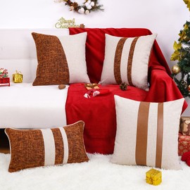 howdy deco Pack of 2 Patchwork Throw Pillow Covers 18x18 Inch Farmhouse Linen Pillowcases Modern Brown Faux Leather Comfortable Pillow Covers for Couch Sofa Office Chair Home Decor, White