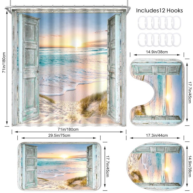 ZXMBF 4Pcs Beach Coastal Shower Curtain Sets Ocean Sunrise Seaside