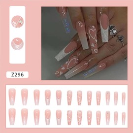 24 Pcs Heart Press on Nails Long Fake Nails with Glitter Heart Rhinestones Designs Valentines False Nails Sparkly Acrylic Glue on Nails Artificial Coffin Nail Tips Full Cover Stick on Nails for Women