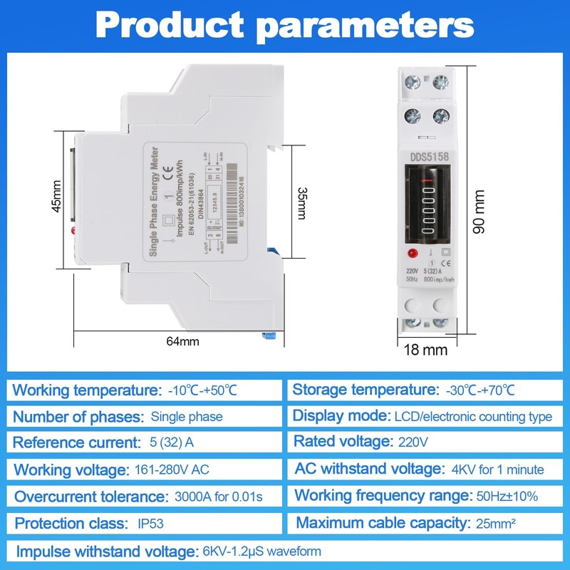 Jadeshay Electricity Meter, DIN Rail, AC Meter, 1 Phase KWh