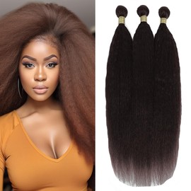 Dark Brown Kinky Straight Bundles Color 4 Human Hair Light Brown Yaki Straight Bundles Double Weft Brazilian Remy Hair Extensions Soft and Silky for Black Women (10 12 14 Inch 3 Bundles)