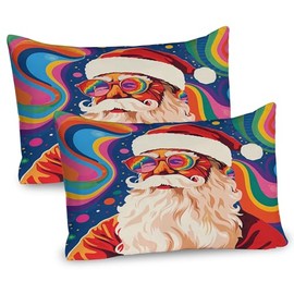 Ambesonne Christmas Pillow Sham Set of 2, Psychedelic Xmas with Santa Claus with Glasses and Colorful Background, Quality Microfiber Bedding Item for All Seasons, 26" x 20", Purple and Multicolor