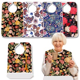 EpoBob 4 Pack Terry Cloth Adult Bibs with Crumb Catcher, Washable and Adjustable Adult Bibs for Unisex Men Women Elderly Seniors, Floral Flower Bohemia