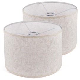 Lamp Shades Set of 2, Drum Lampshade for Table Lamps Floor Lamp, 13" Top X 13" Bottom X 10" High Beige Large Line Fabric Lamp Shades, Easy Assembly Replacement Lampshades