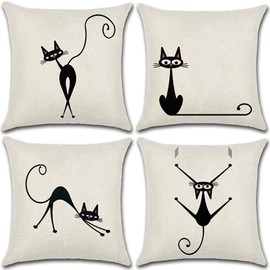 Holiday Depot Black Cats Posing & Stretching Cat Design Cotton Linen Fabric Decorative Indoor/Outdoor Throw Pillow Cover Set 18x18