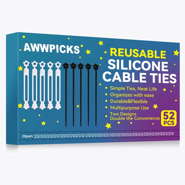 KLKE 52 Pack Silicone Cable Ties, Reusable Star Design Cord
