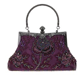 Ro Rox Marie Clutch Bag 1920s Peaky Blinders Beaded Vintage Elegant Purse, Purple, One Size