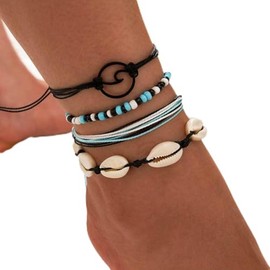 Cubahop 4PCS Layered Beach Weave Rope Shell Anklets Blue Bead Ankle Bracelets Wave Summer Foot Accessories Jewelry for Women and Girls