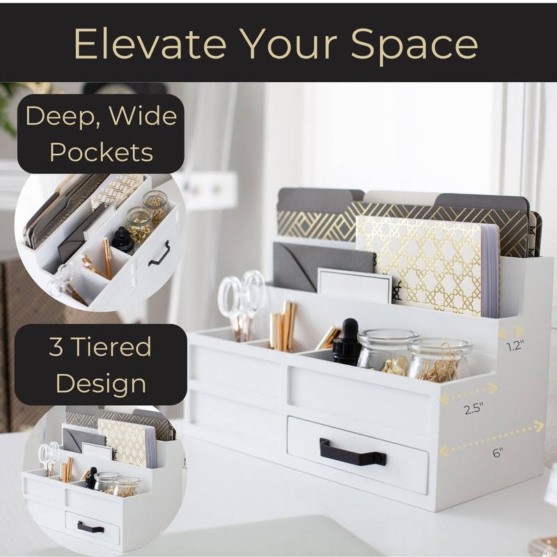 BLU MONACO White Desktop Organizer with Drawer – Paper Wood