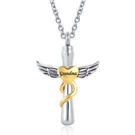 LuxglitterLin Guardian Angel Wing Cremation Jewelry for Ashes Cross Memorial Keepsake Urn Pendant Engraved Grandpa, UR-9_CrossAngel_Grandma