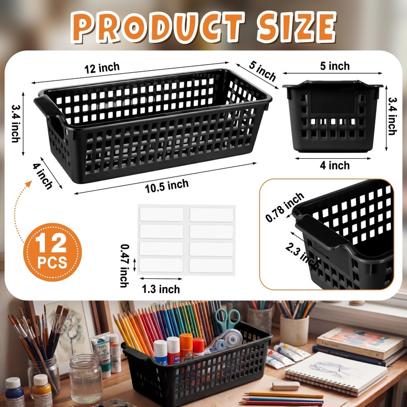 Domensi 12 Pcs Slim Plastic Storage Baskets for Organizing Back