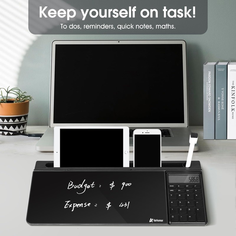 Varhomax Glass Desk Whiteboard Gray with Calculator, Desktop Organizer Dry