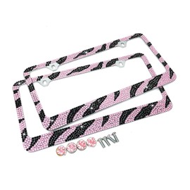 JR2 Premium 2 PCS Shining Crystal License Plate Frame+Free Crystal Cap+Screw (Pink Zebra)