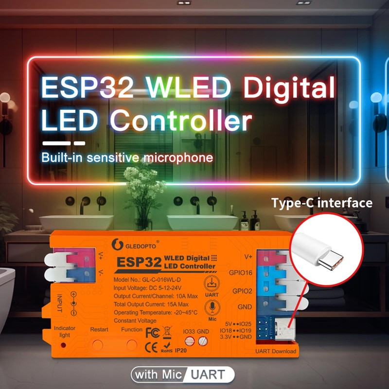 LIGHTEU, GLEDOPTO WiFi WLED LED Controller ESP32 1 Channel with