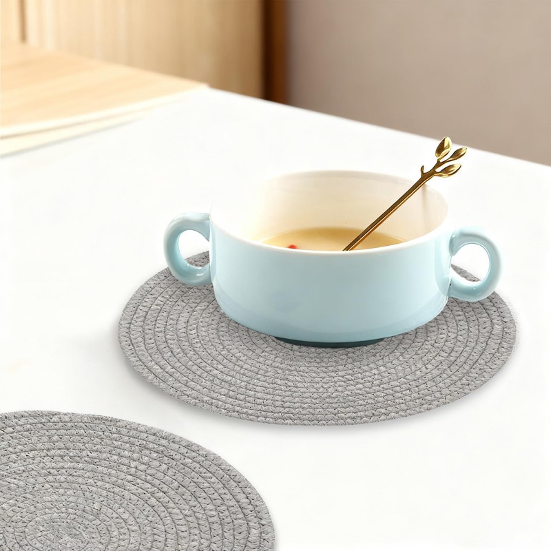 20cm Round Placemats Set of 4,Grey Cotton Dinner Table Mats