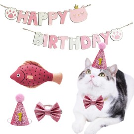 IDOLPET Cat Birthday Hat Girl Happy Birthday Decorations Outfit Banner Party Supplies Bow tie Collar Catnip Chew Biting Kick Toys for Cat Girl (Pink)