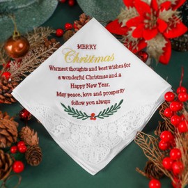 HOULIFE Embroidered Christmas Handkerchiefs for Men and Women, Soft Cotton Handkerchiefs for Christmas, Women's Handkerchief with Christmas Cards Envelope, Colour: 2-1 piece
