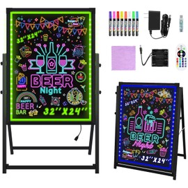 Hosim Standing A-Frame LED Message Writing Board, 32”x 24" Illuminated Erasable Neon Restaurant Menu Sign Board with 8 Colors Markers & 16 Lighting Colors DIY Chalkboard Light Up Sign