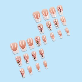 Spring Press on Nails Short Fake Nails with Floral Designs Coffin Glue on Nails White French Tip Nails Press ons Nude Acrylic Nails Summer False Nails Cute Stick on Nails for Women 24Pcs
