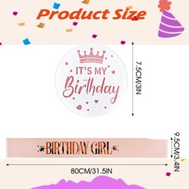Birthday Girl Sash & Pin Badge Set, Rose Gold Birthday Girl Sash Satin Sash Party Funny Decorations Women Birthday Gift