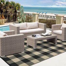 COZYLOOM Outdoor Plastic Straw Rug 8x10 Waterproof Outdoor Patio Rug Geometric Champing Rug Checkered Outdoor Carpet Reversible Rug for Rv Baclony Picnic Backyard Deck Porch Beach, Coffee